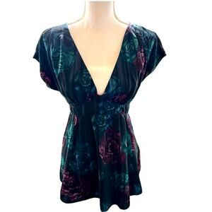 Women's Vintage DKNY Tie Back Babydoll Satin Shirt Rose Print - M